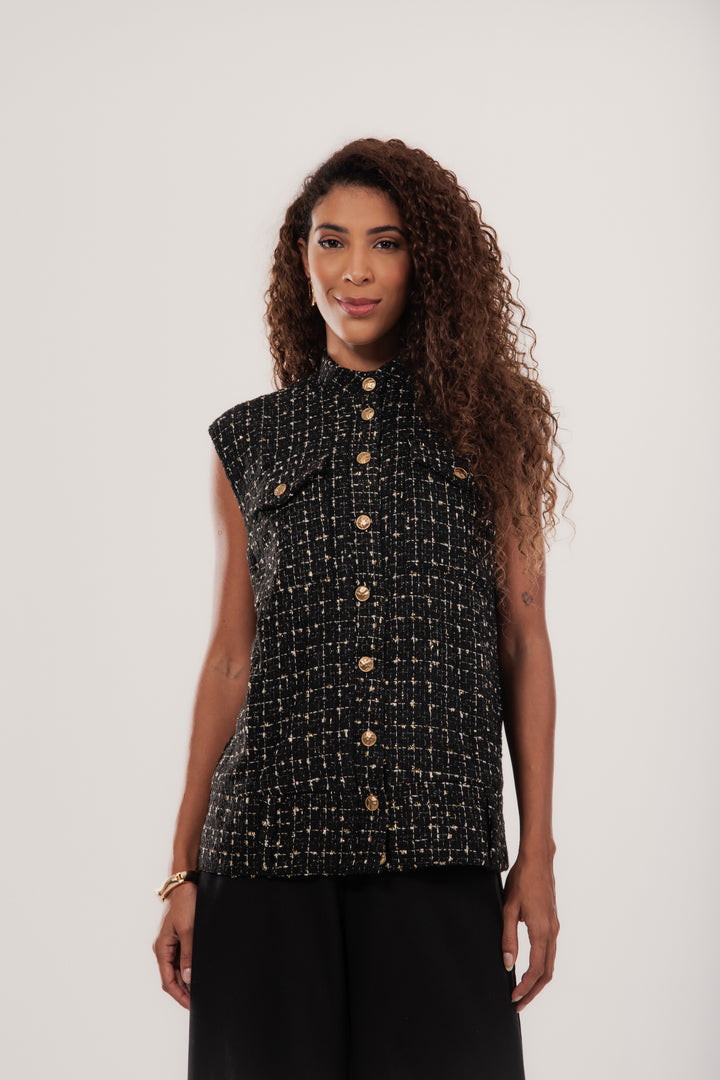 Colete Tweed Garda Botões Metalizados