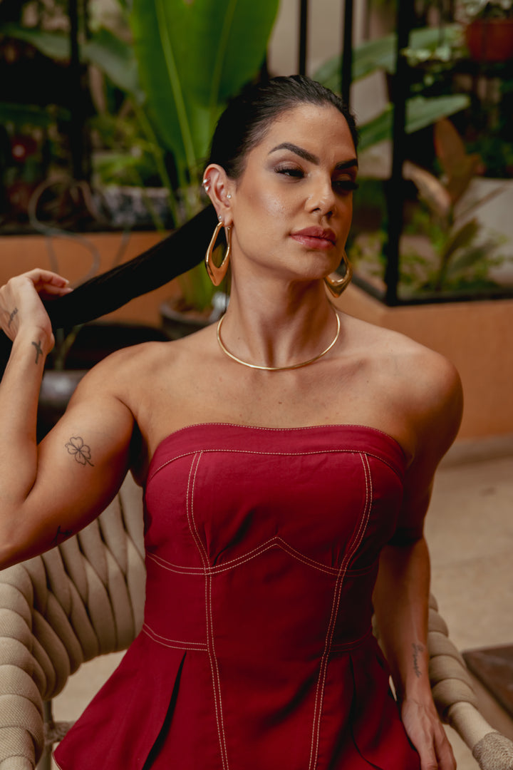 Conjunto Pesponto Tomara que Caia e Calça Vinho